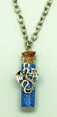 Dragon on Royal Blue Glitter Bottle Necklace