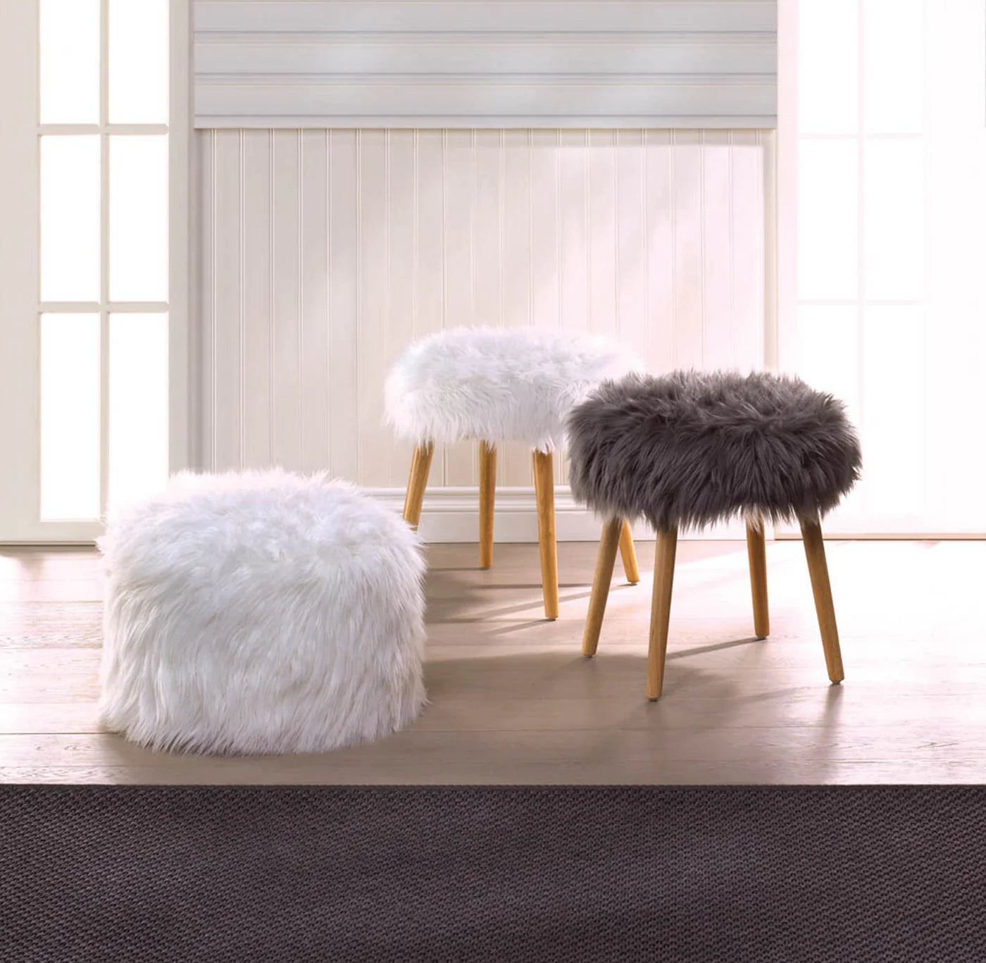 FUZZY WHITE OTTOMAN POUF