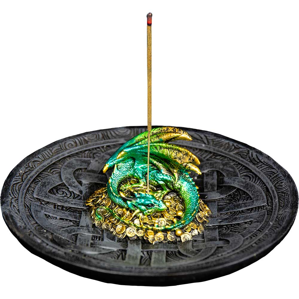 Polyresin Incense Holder - Green Dragon w/ Celtic Shield