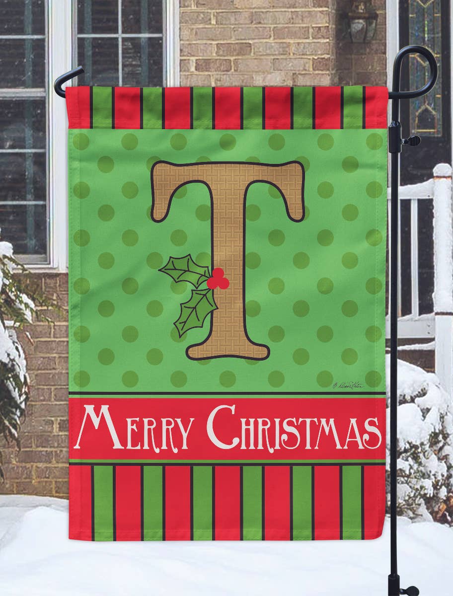 😲 Flag Christmas Monogram-T Burlap 13x18