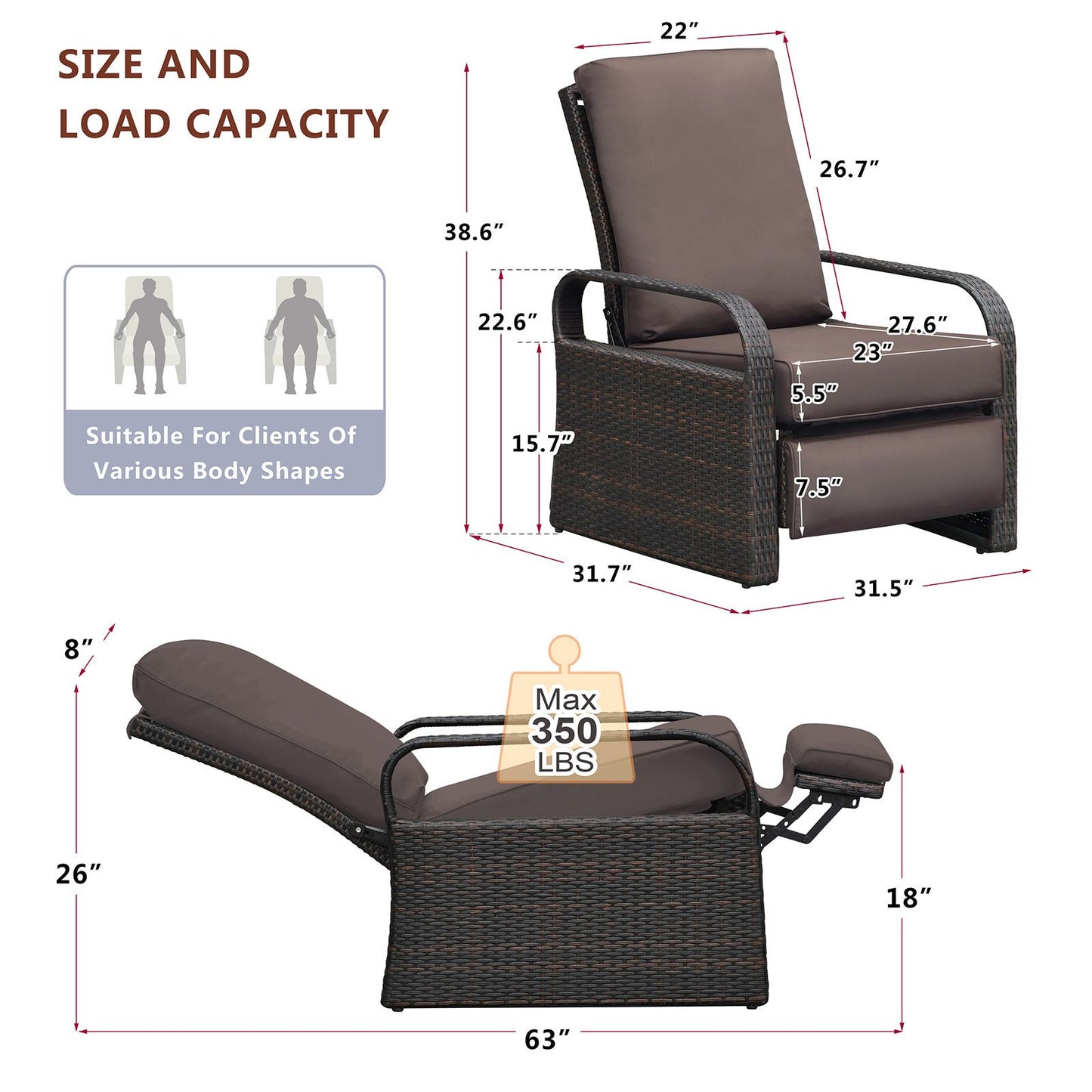 Outdoor Recliner Chair;  Automatic Adjustable Wicker Lounge Recliner Chair with 5.12'' Thicken Cushion