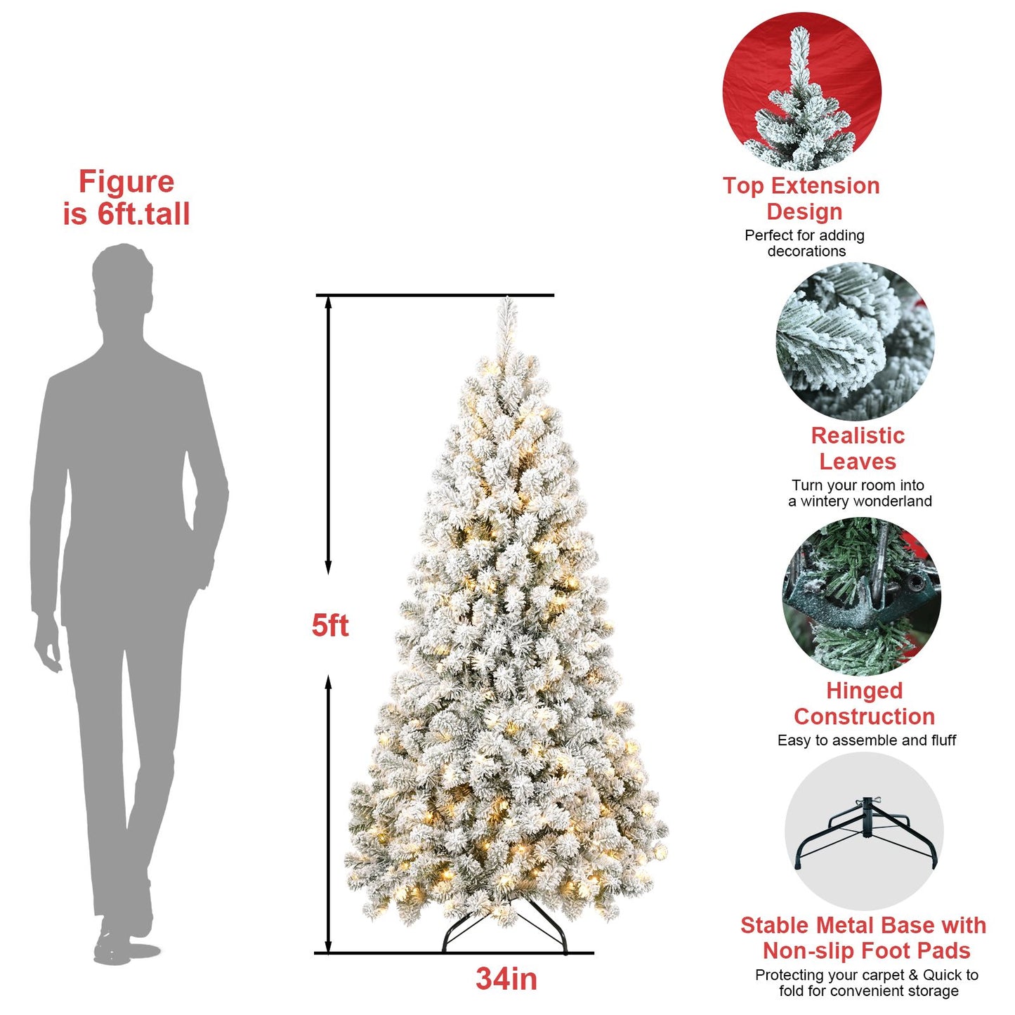 5ft Pre-lit Flocked Artificial Christmas Tree Environmentally Friendly Fireproof Artificial Christmas Flocked Tree