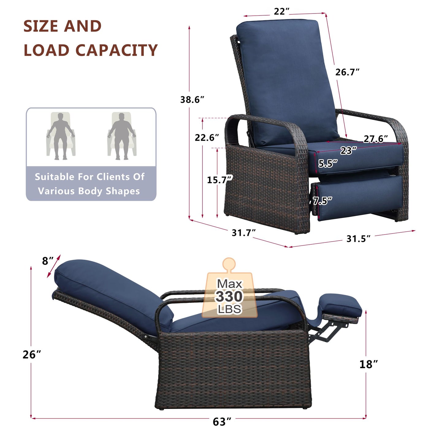 Outdoor Recliner Chair;  Automatic Adjustable Wicker Lounge Recliner Chair with 5.12'' Thicken Cushion