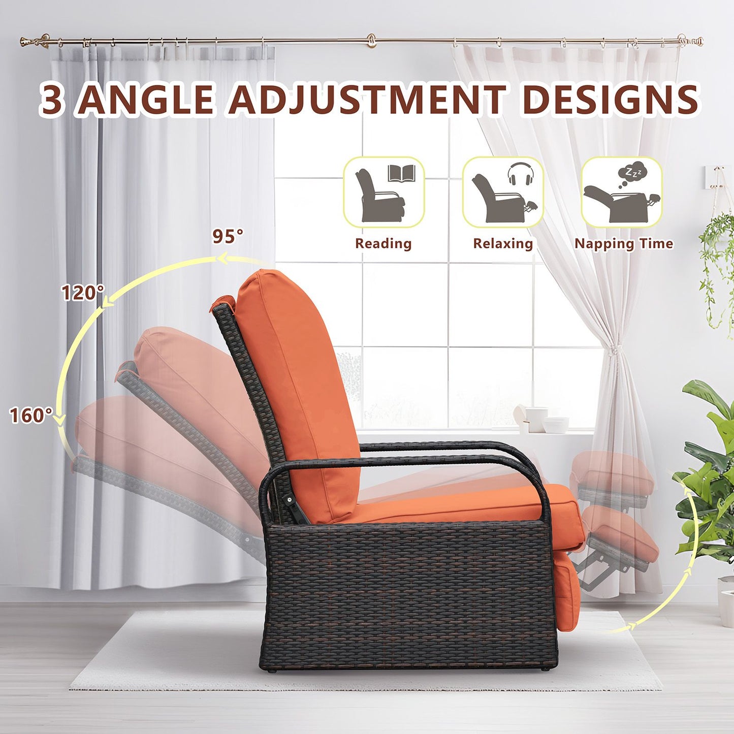 Outdoor Recliner Chair;  Automatic Adjustable Wicker Lounge Recliner Chair with 5.12'' Thicken Cushion