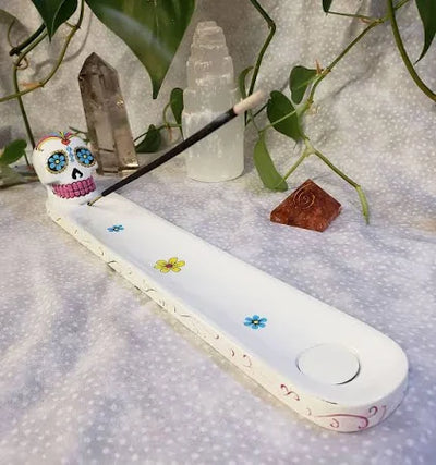 White Day of The Dead Sugar Skull Mexican Dia de Los Muertos Incense Burner